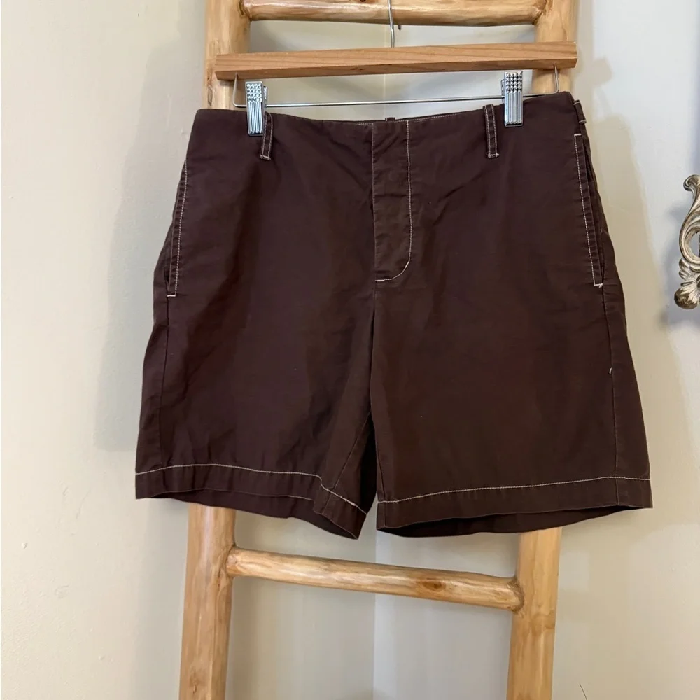 J Crew Brown Twill Shorts Brown Buckle Back Snap Front Size 0